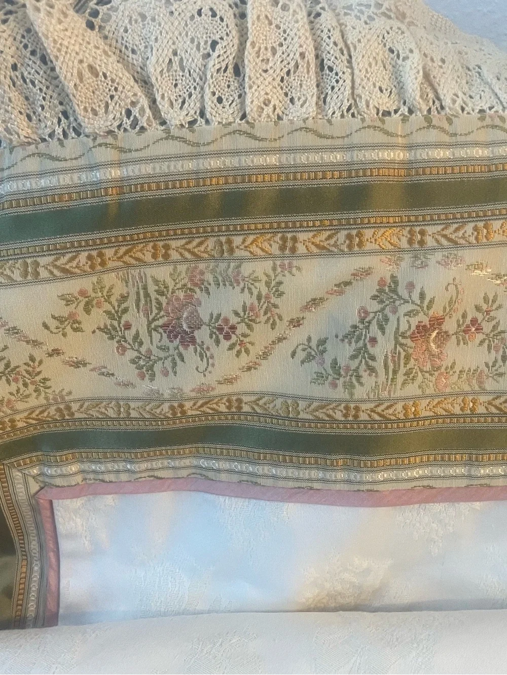 “My Baby” Vintage-Inspired Cream with Green & Pink Floral Border Throw. 48” sq